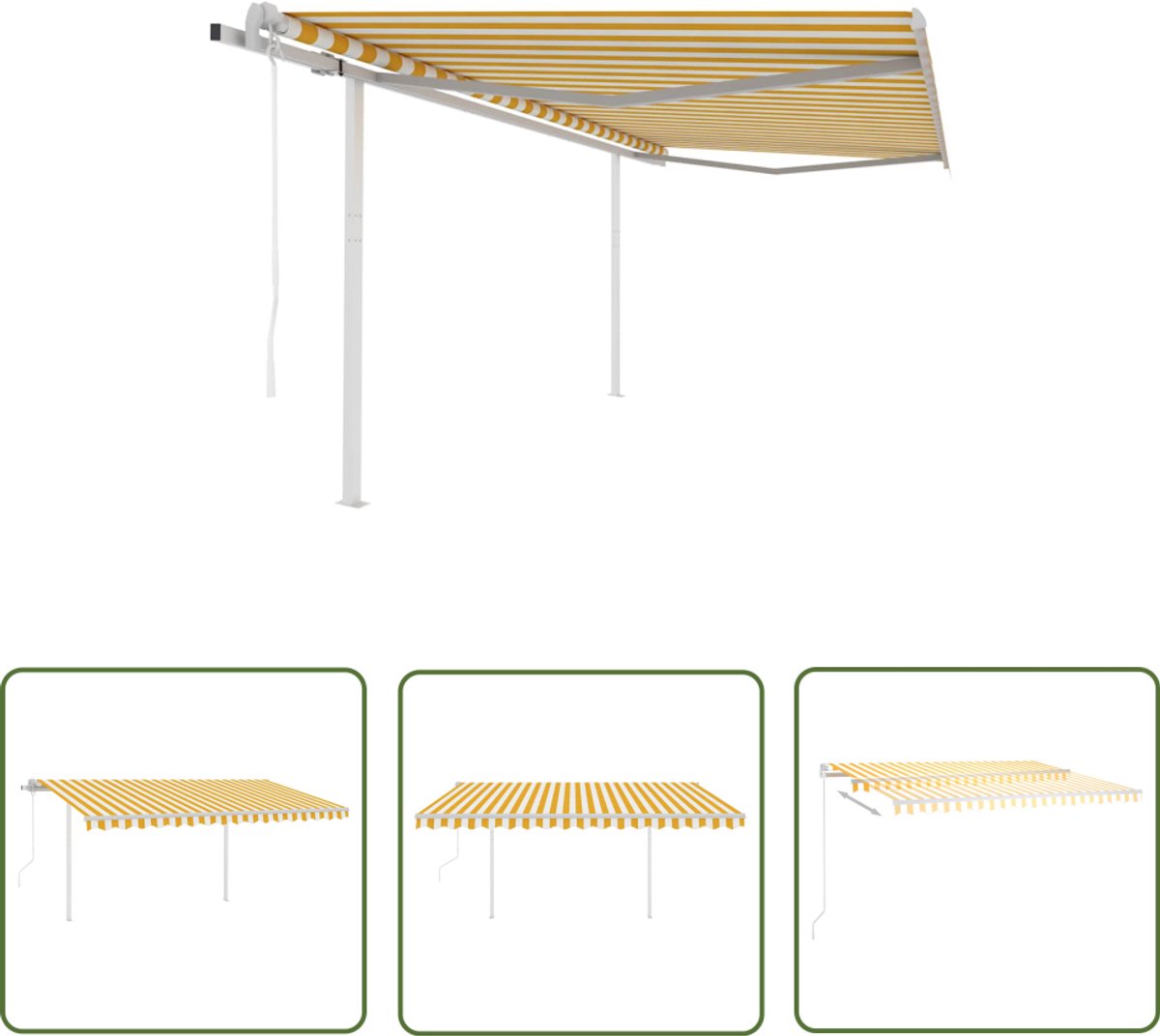 Automatische uittrekbare geel en witte luifel met palen voor buiten, 4x3 m - Zonwering - Parasol - Terrasdak