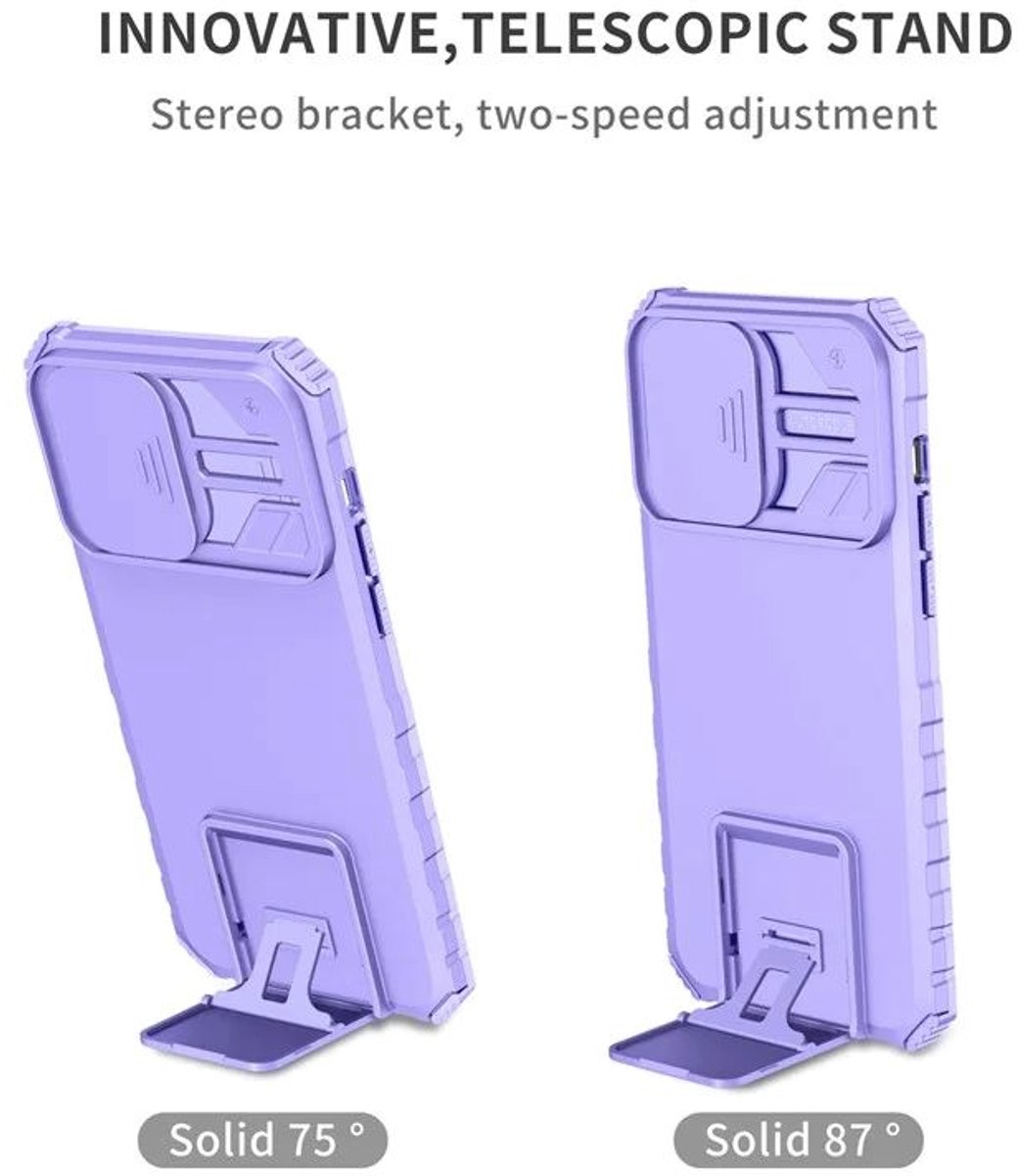 Cityhoesje - iPhone 15 Pro Max - Slide Camera Lid – BackCover - Anti-drop Kickstand - Paars