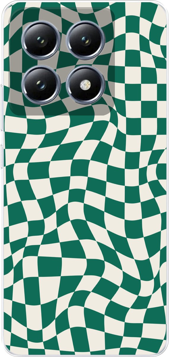Telefoonhoesje Geschikt voor Xiaomi 14T hoesje - Golvende vakjes - Groen - Wit - Abstract - Siliconen Telefoonhoesje Telefoonhoesje