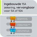 Ingebouwde 15A zekering, vervangbaar met 5A of 10A zekeringen voor diverse apparaten.