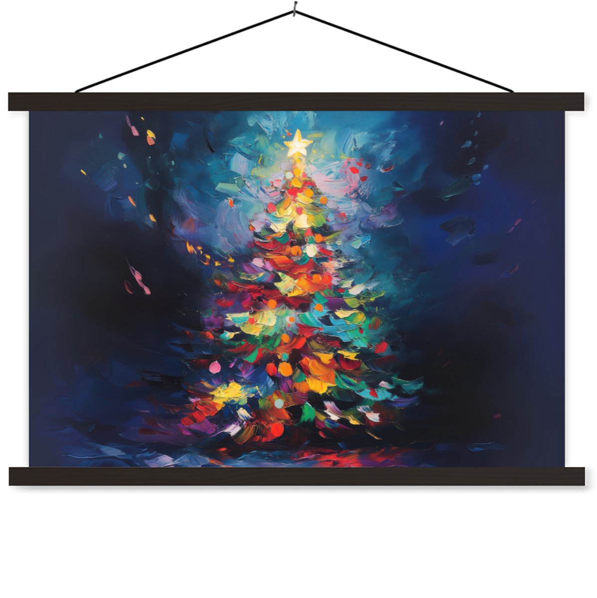 Posterhanger incl. Poster 60x40 cm - Schoolplaat - Kerstboom - Kerst - Abstract - Kleurrijk - Textielposter - Zwarte latten