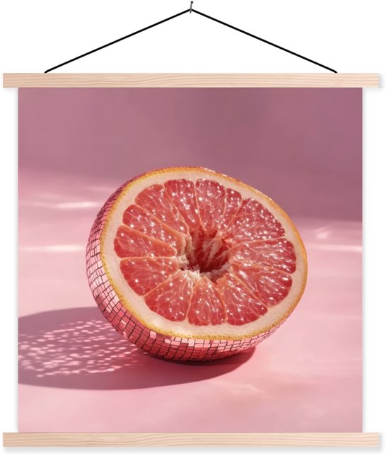 Posterhanger incl. Poster 120x120 cm - Schoolplaat - Grapefruit - Roze - Disco - Shiny - Textielposter - Blanke latten