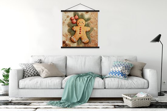 Posterhanger incl. Poster 120x120 cm - Schoolplaat - Kerstmis - Koekje - Poppetje - Speculaas - Textielposter - Zwarte latten