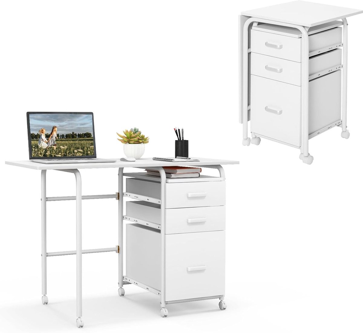Inklapbaar Bureau met Lades en Wielen - Multifunctionele Werktafel