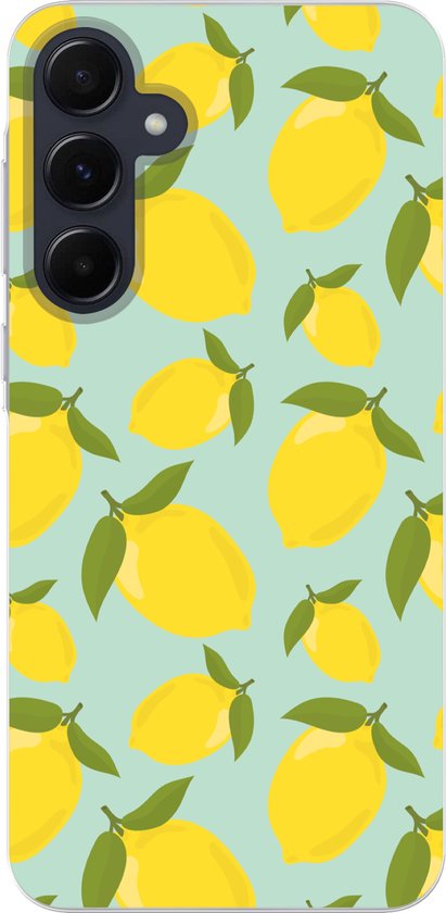 Coque de téléphone compatible avec Samsung Galaxy A55 - Motif citrons - Jaune - Blauw - Motif fruits - Coque en Siliconen