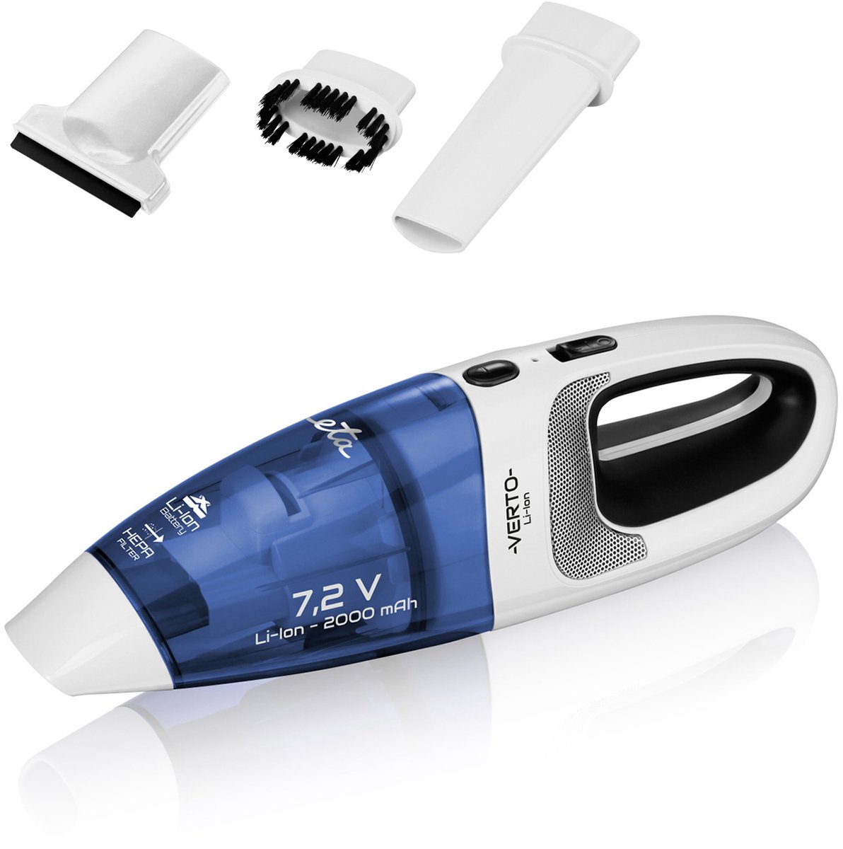 ETA Verto Kruimeldief voor Nat en Droog Vuil met Opzetstukken – Draadloos, Compact en Lichtgewicht – HEPA Filter – 500 ML en 120 ML – Wit / Blauw