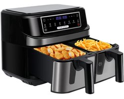 Digitale Airfryer - PFAS vrij - Groot 9 Liter - Heteluchtfriteuse - Inclusief in hoogte verstelbaar Grillrack - 2 onafhankelijke 4,5L lades - met LED-touchscreen - Zwart - Digital screen - 8 Voorinstellingen