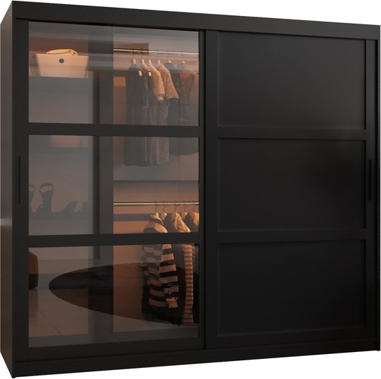 Armoire à portes coulissantes Armoire à 2 portes coulissantes brillantes Armoire armoire de chambre Tringle à vêtements avec étagères | armoire élégante - DEMO 3 (200 cm, Zwart)