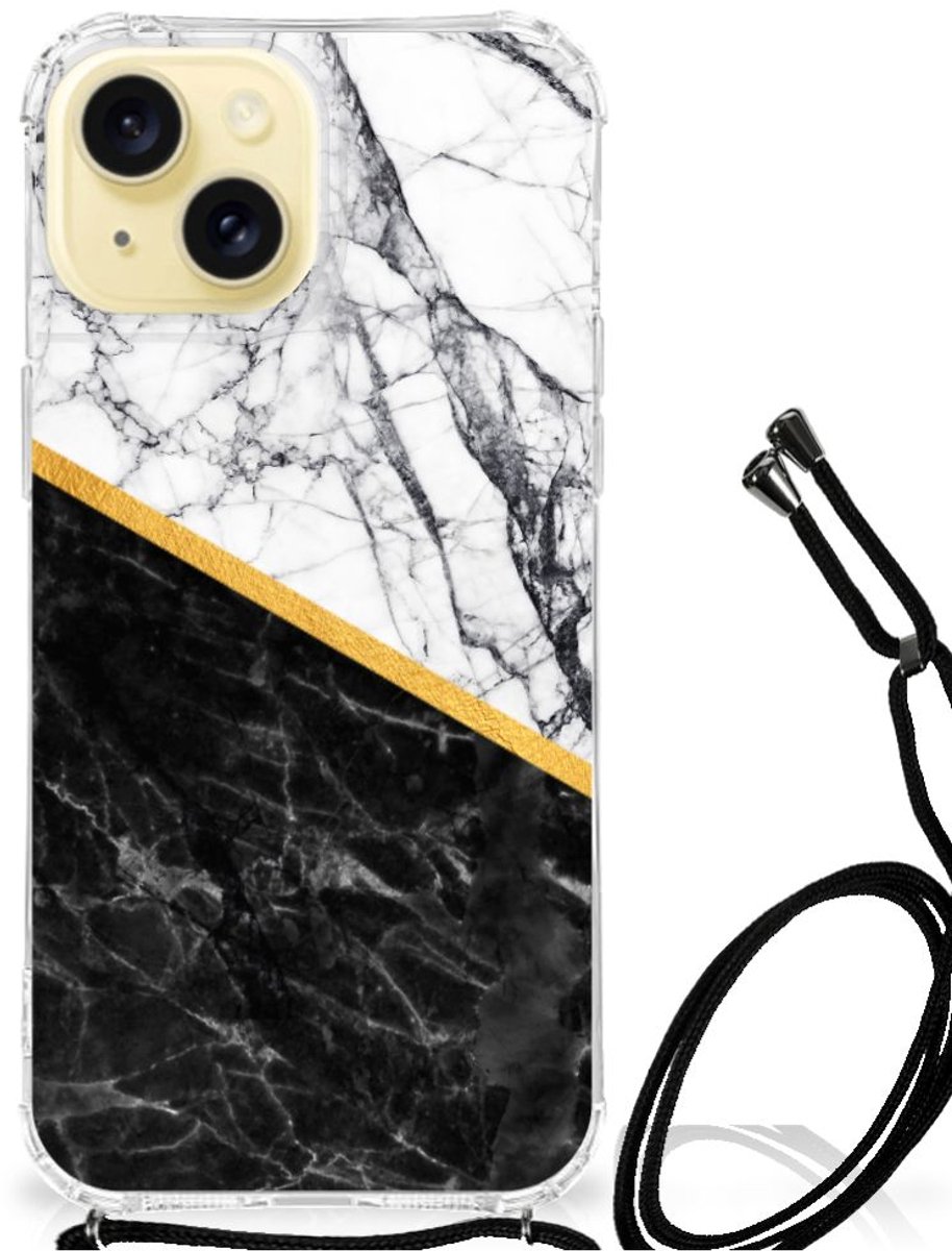 Apple iPhone 15 Anti-Shock Hoesje Marmer Wit Zwart - Origineel Cadeau Man