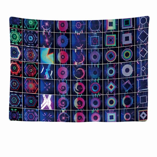 Wandkleed met een collage van neon-gekleurde geometrische patronen.