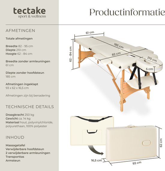 tectake® Massagetafel - 2 Zones, Opvouwbare en Draagbare Massagetafel met 5 cm Vulling, In Hoogte Verstelbaar, Mobiele Massagebank met Houten poten en Accessoires, Draagtas - Beige