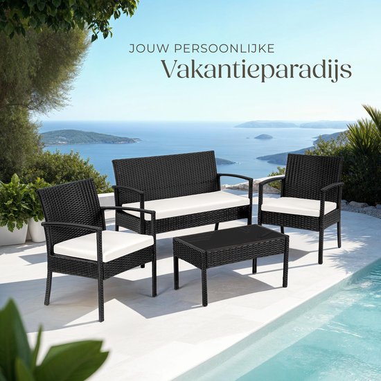 tectake® Tuinset 4 persoons - 2 Tuinstoelen - Tuintafel - Tuinbank - Wicker - Zwart - Geschikt voor tuin, balkon, terras, lounge of serre - Weer- en UV-bestendig