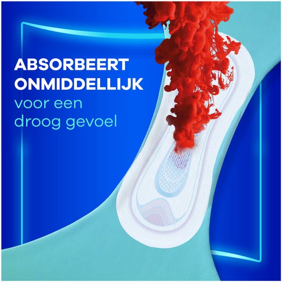 Une serviette hygiénique Always Ultra avec un liquide rouge qui est immédiatement absorbé.