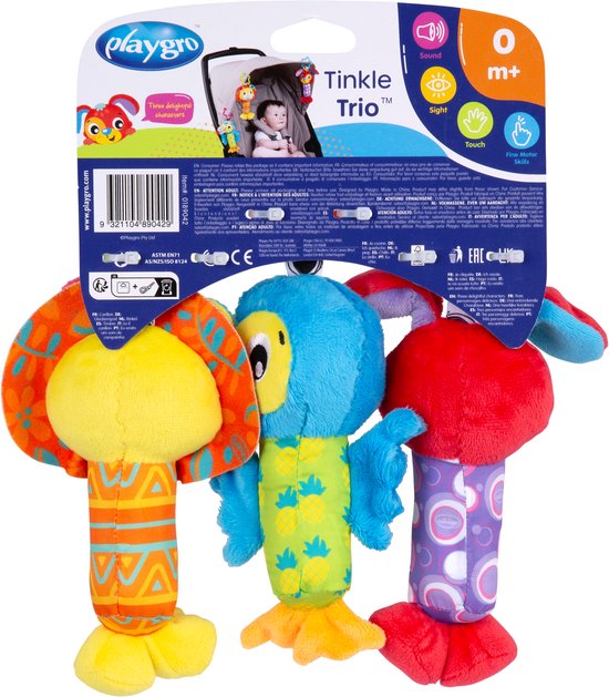 Playgro Tinkle Trio- Hangspeeltjes - Kinderwagenspeeltjes - Rammelaar - Kinderwagenaccessoire - Buggyaccessoire- Educatief Speelgoed - Knuffeldier - Knijpspeelgoed Baby - Ontwikkelingsspeelgoed Baby - Zacht baby speelgoed 3 stuks van Playgro — afbeelding 5