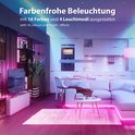 Een woonkamer en keuken verlicht met kleurrijke LED-strips in roze en blauw. Moderne meubels en planten.