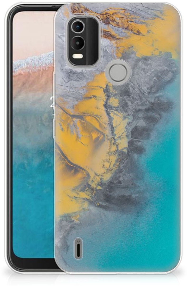 Back Cover voor Nokia C21 Plus TPU Siliconen Hoesje Marble Blue Gold
