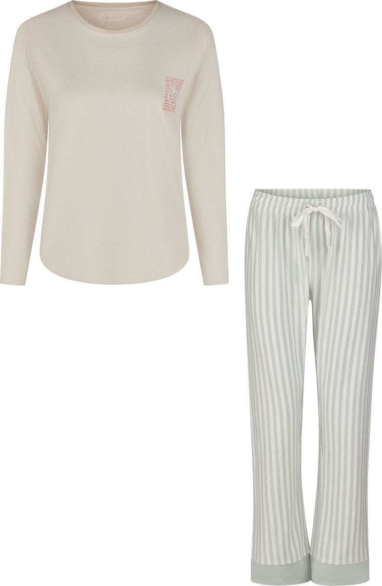 By Louise Dames Pyjama Set Lang Katoen Beige/Mintgroen Gestreept
