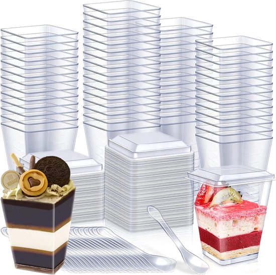 CoKeeSun 60 stuks dessertbekers met lepels, 200 ml vierkante dessertbekerset, herbruikbare plastic bekers voor dessertfeest, pudding, mousse, ijs