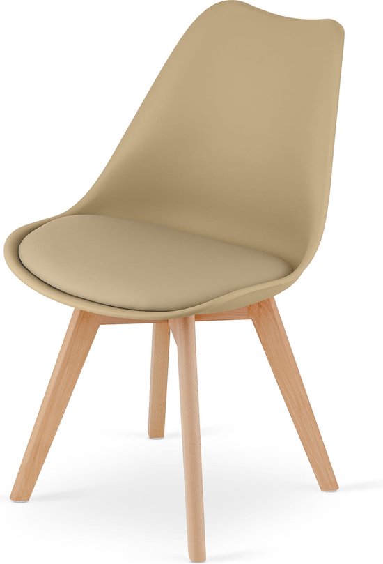 Stoel MARK - Donkerbeige, Beukenhouten Poten, Kunststof Zitting met Kunstlederen Kussen, Strak Design, Ergonomisch, Geschikt voor Keuken, Eetkamer, Kantine en Werkruimte, Max. 120 kg