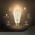 Calex ST64 E27 smart lamp met iconen voor dimbaar, spraakbesturing, koud/warm licht, plug & play, app, schema's, scènes.