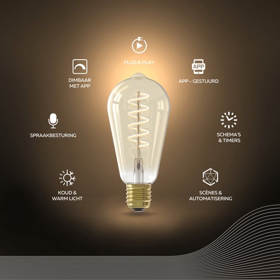 Calex ST64 E27 smart lamp met iconen voor dimbaar, spraakbesturing, koud/warm licht, plug & play, app, schema's, scènes.
