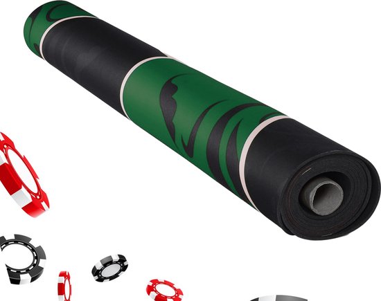 Tapis de poker - Table de poker - 180 x 90 cm - Tapis de poker antidérapant enroulable - Set de poker - Tapis de cartes - Tapis de poker - 2 à 10 personnes - Incl. Étui de transport et cartes de poker dorées - Vert/ Zwart
