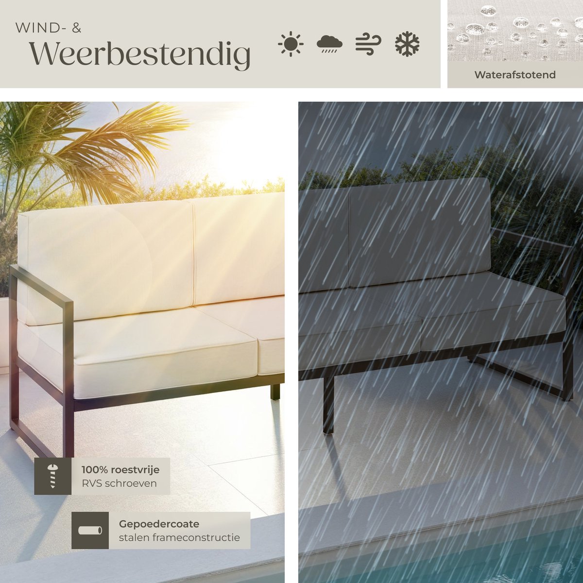 tectake® Comosa Loungebank - 3-zits Tuinbank - Comfortabele Lounge Bank met Dikke Kussens - Outdoor Sofa met Waterafstotende Hoezen - Stevig Stalen Frame - Balkon en Tuin Loungebank - Tuinmeubelen – foto 7