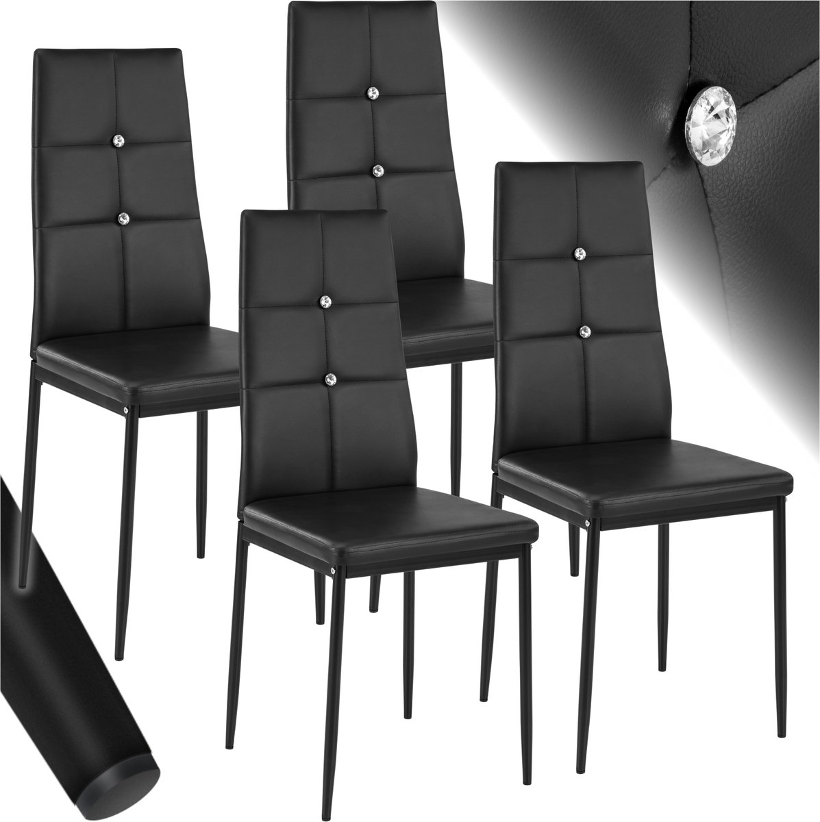 Tectake Moderne Stoelen - Set Stoelen met Kunstleren Bekleding en Strass-Steentjes - Geschikt als Keukenstoel, Eetkamerstoel of Gestoffeerde Stoel voor Woonkamer, Eettafel, Bar (Zwart, set van 4)