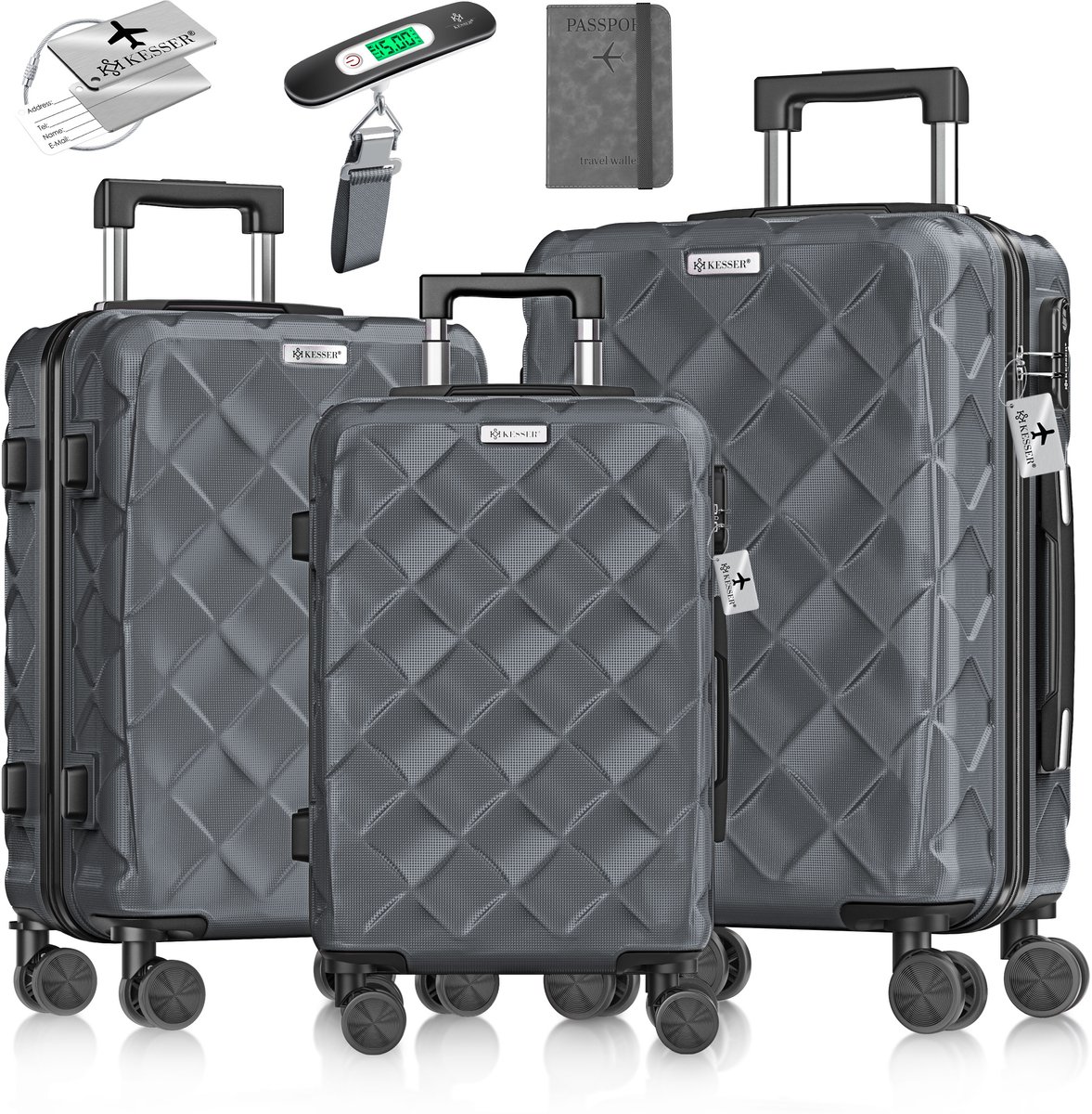 KESSER® Kofferset 3-delig | Reiskoffer met Wielen inclusief Paspoorthouder & kofferweegschaal & bagagelabel | Trolley Reiskofferset met groote Koffers & Handbagage / Ruimbagage - Charcoal