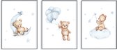 No Filter Babykamer posters set - 3 stuks - 30x40 cm (A3) - Kinderkamer decoratie - Teddy beer met ballon - Sterren - Blauw