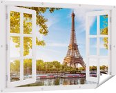 Gards Tuinposter Doorkijk Eiffeltoren in Parijs aan het Water - 150x100 cm - Tuindoek - Tuindecoratie - Wanddecoratie buiten - Tuinschilderij