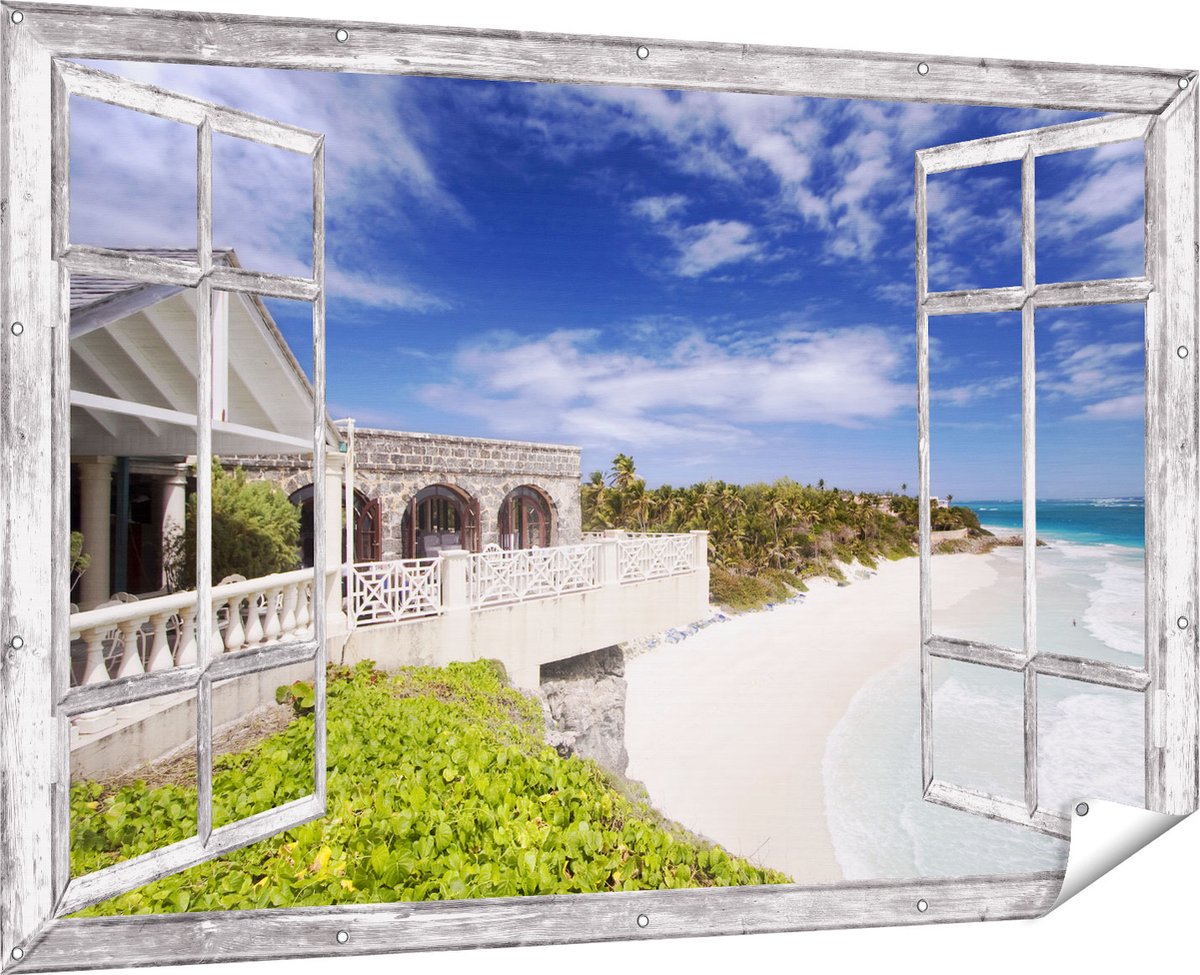 Gards Tuinposter Doorkijk Het Strandhuis - 180x120 cm - Tuindoek - Tuindecoratie - Wanddecoratie buiten - Tuinschilderij Multikleur