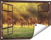 Gards Tuinposter Doorkijk Kudde Bruine Paarden in de Wei - 60x40 cm - Tuindoek - Tuindecoratie - Wanddecoratie buiten - Tuinschilderij