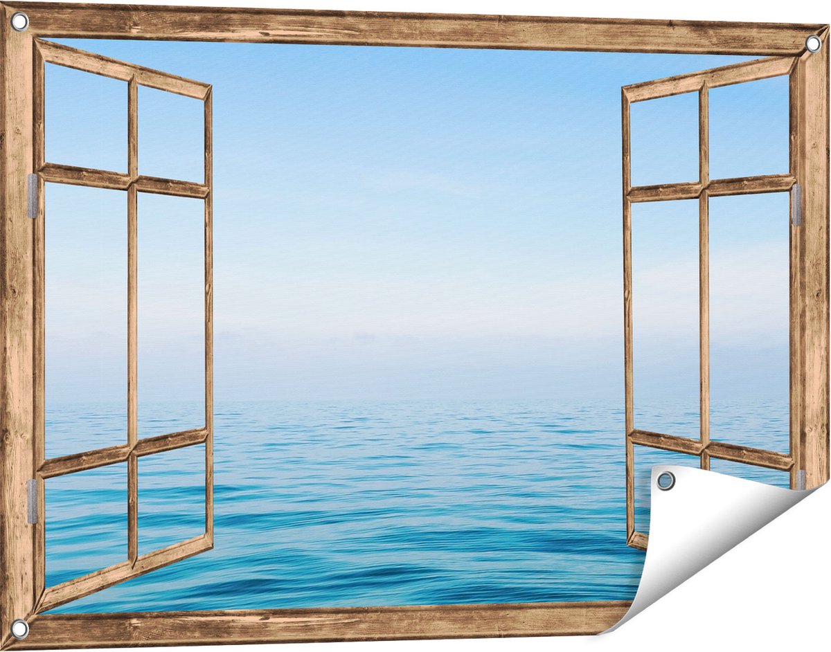 Gards Tuinposter Doorkijk Zee met een Blauw Hemel Achtergrond - 90x60 cm - Tuindoek - Tuindecoratie - Wanddecoratie buiten - Tuinschilderij Licht bruin