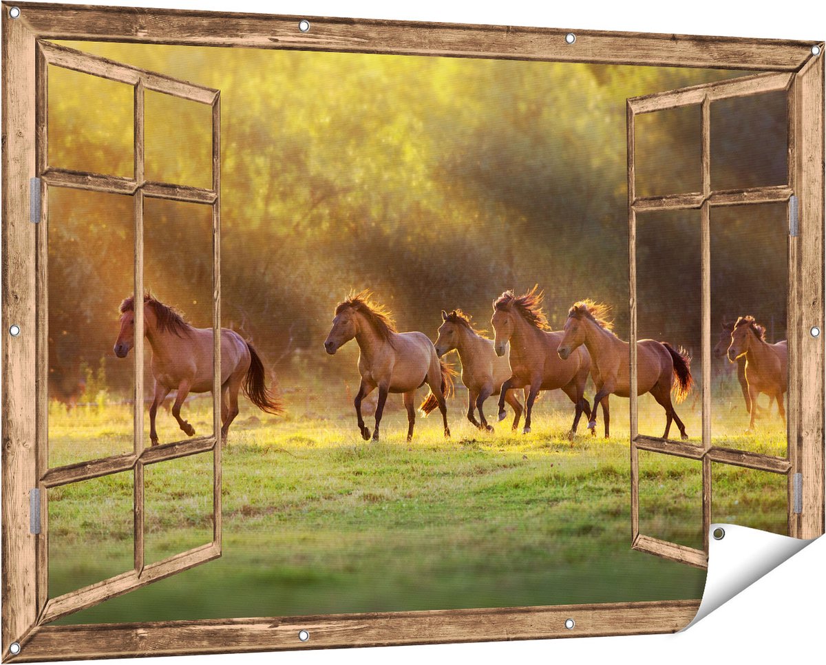 Gards Tuinposter Doorkijk Kudde Bruine Paarden in de Wei - 150x100 cm - Tuindoek - Tuindecoratie - Wanddecoratie buiten - Tuinschilderij Licht bruin
