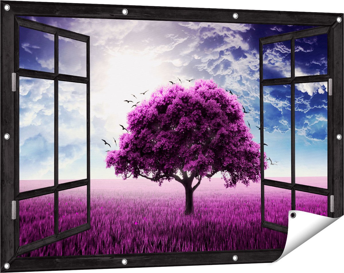 Gards Tuinposter Doorkijk Paarse Boom in het Paars Veld met Vogels - 120x80 cm - Tuindoek - Tuindecoratie - Wanddecoratie buiten - Tuinschilderij