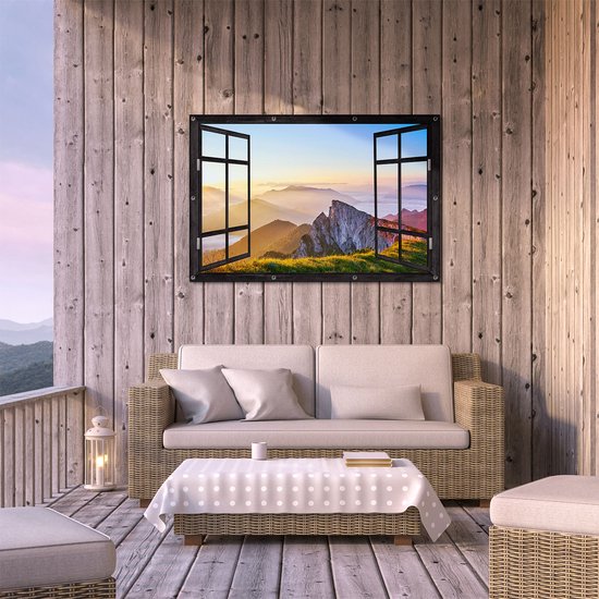 Gards Tuinposter Doorkijk Zonsopkomst in de Bergen in de Alpen - 120x80 cm - Tuindoek - Tuindecoratie - Wanddecoratie buiten - Tuinschilderij
