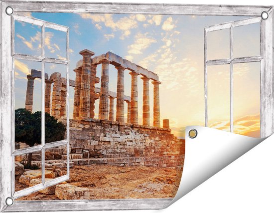 Gards Tuinposter Doorkijk Tempel van Poseidon in Athene, Griekenland - 60x40 cm - Tuindoek - Tuindecoratie - Wanddecoratie buiten - Tuinschilderij