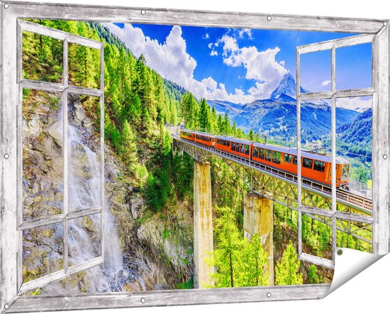 Gards Tuinposter Doorkijk Trein op een Brug bij een Waterval in Zwitserland - 150x100 cm - Tuindoek - Tuindecoratie - Wanddecoratie buiten - Tuinschilderij