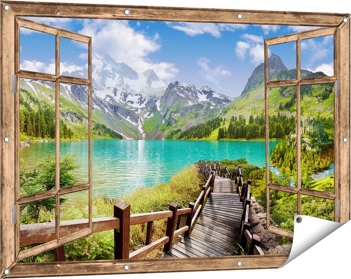Gards Tuinposter Doorkijk Pad naar een Helder Blauw Meer in de Bergen - 120x80 cm - Tuindoek - Tuindecoratie - Wanddecoratie buiten - Tuinschilderij