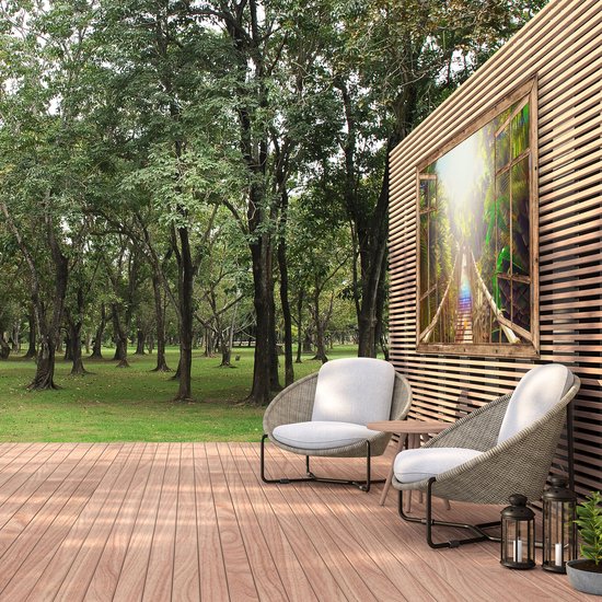 Gards Affiche de jardin Pont en bois transparent dans la jungle tropicale - 180x120 cm - Toile jardin - Décoration de jardin - Décoration murale extérieur - Tableau jardin