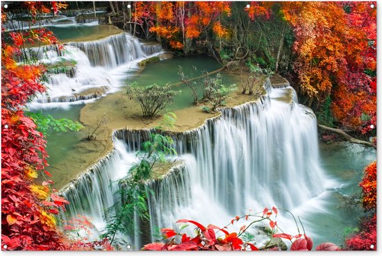 Tuinposter - Waterval - Natuur - Water - Oranje - Rood - Bladeren - 180x120 cm - Tuin - Tuindoek - Tuindecoratie - Tuinposter waterval