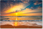 Tuinposter strand - Tuindoek - Zonsondergang - Zee - Vogels - Oranje - Lucht - Tuinschilderij voor buiten - Tuindoek - 180x120 cm - Tuindecoratie - Tuin - Schutting decoratie - Schuttingdoek