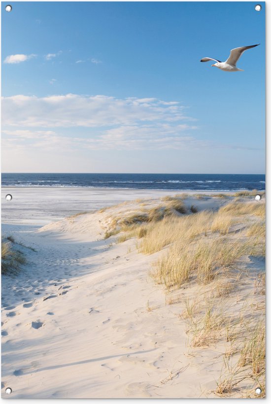 Tuinposter strand - Tuindecoratie zee duinen - 80x120 cm - Tuinschilderij voor buiten - Tuindoek zomer - Wanddecoratie tuin - Schuttingdoek - Balkon decoratie - Muurdecoratie - Buitenposter