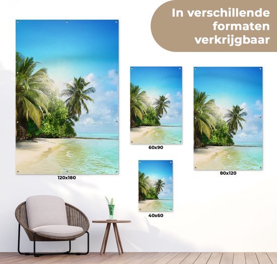 Tuinposter 80x120 cm - Tuindecoratie Zee - Palmboom - Strand - Tropisch - Blauw - Groen - Poster voor in de tuin - Buiten decoratie - Schutting tuinschilderij - Tuindoek muurdecoratie - Wanddecoratie balkondoek