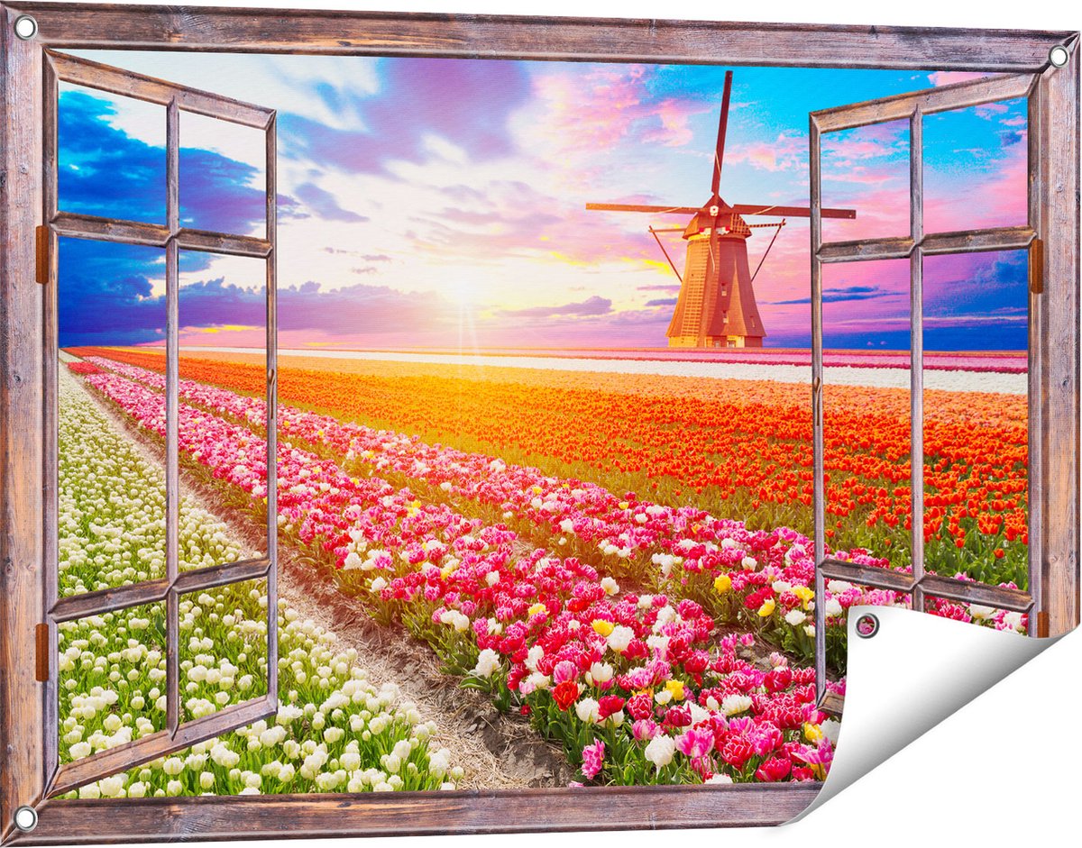 Gards Tuinposter Doorkijk Kleurrijke Bloemenveld met een Windmolen - 90x60 cm - Tuindoek - Tuindecoratie - Wanddecoratie buiten - Tuinschilderij bruin