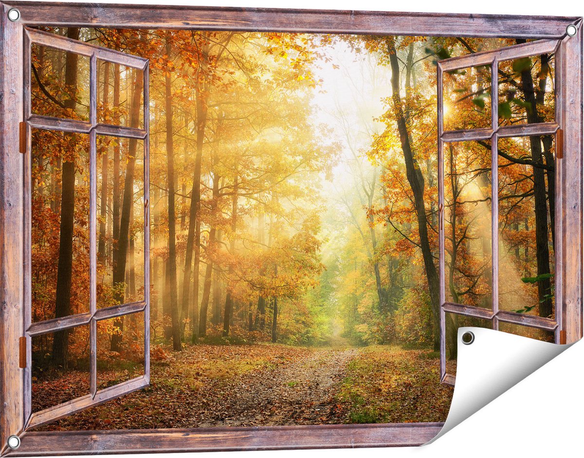 Gards Tuinposter Doorkijk Herfstbos met Zonneschijn - 90x60 cm - Tuindoek - Tuindecoratie - Wanddecoratie buiten - Tuinschilderij Bruin