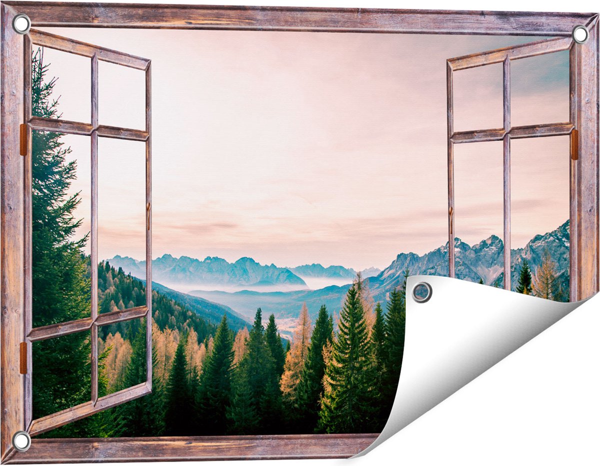 Gards Tuinposter Doorkijk Bos met Bomen bij Bergen Landschap - 60x40 cm - Tuindoek - Tuindecoratie - Wanddecoratie buiten - Tuinschilderij Bruin