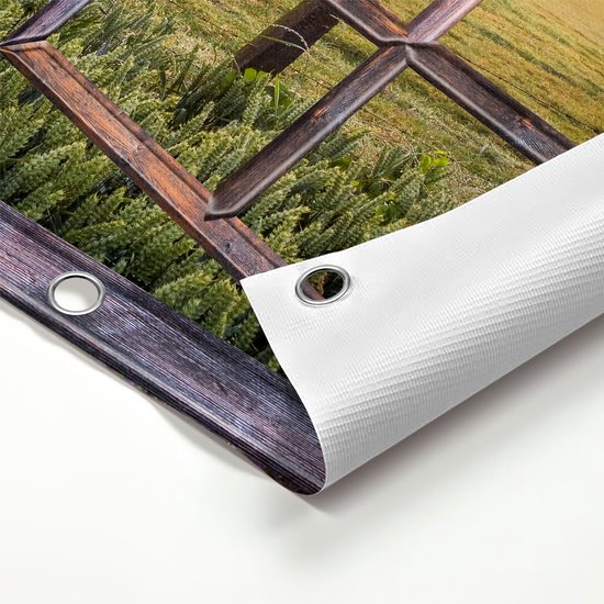 Gards Tuinposter Doorkijk Koeien in de Wei tijdens Zonsopgang - 120x80 cm - Tuindoek - Tuindecoratie - Wanddecoratie buiten - Tuinschilderij
