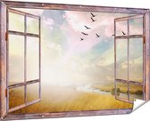 Gards Tuinposter Doorkijk Groep Vogels Vliegen Boven het Gras - 180x120 cm - Tuindoek - Tuindecoratie - Wanddecoratie buiten - Tuinschilderij